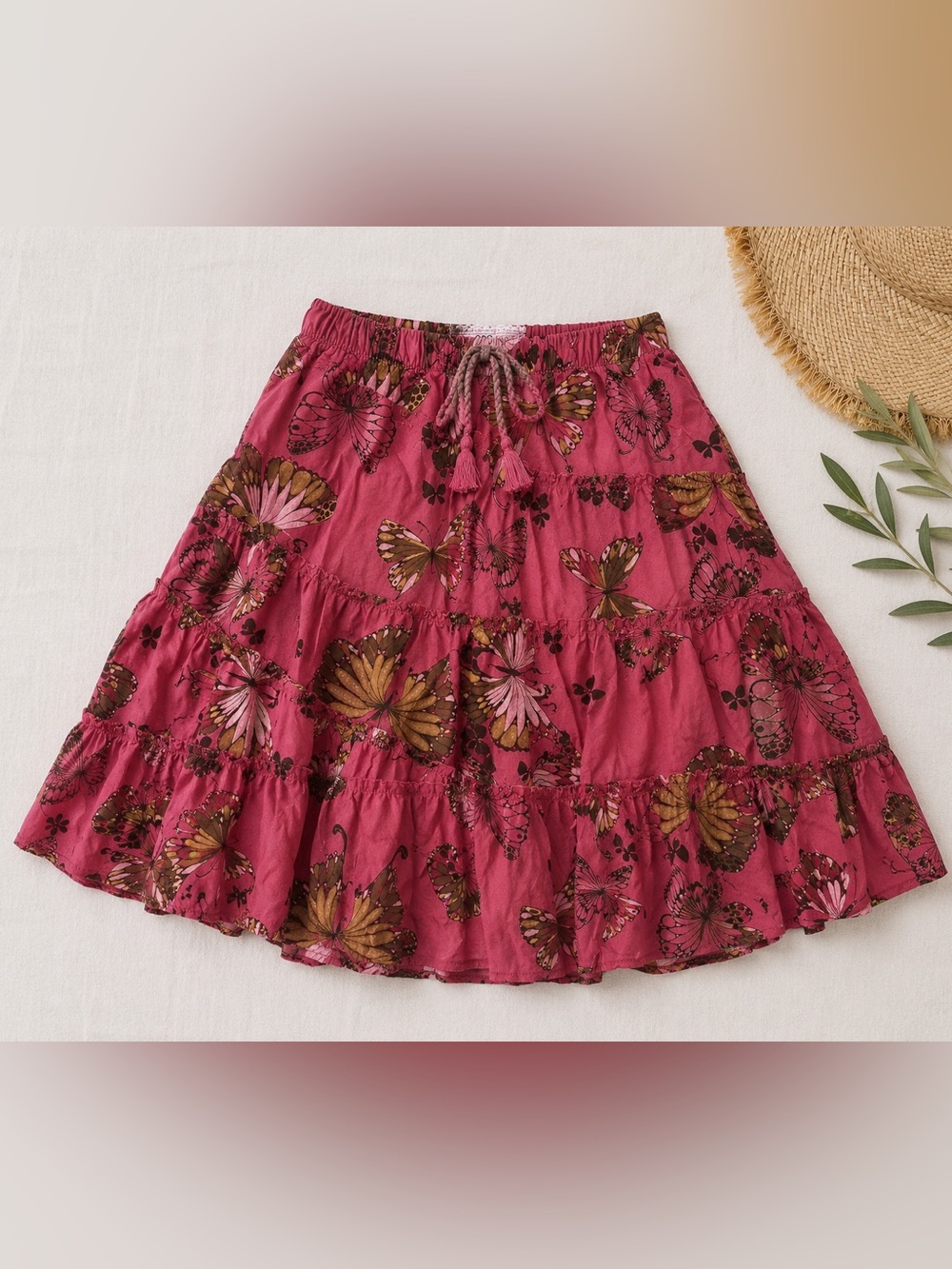 Gap Kids Butterfly Print Tiered Boho Skirt Pink Size S (6-7) Cotton Cottagecore